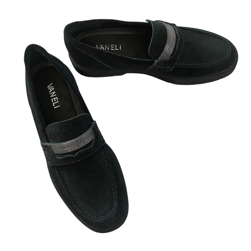 Vaneli black suede loafers silver stud detail